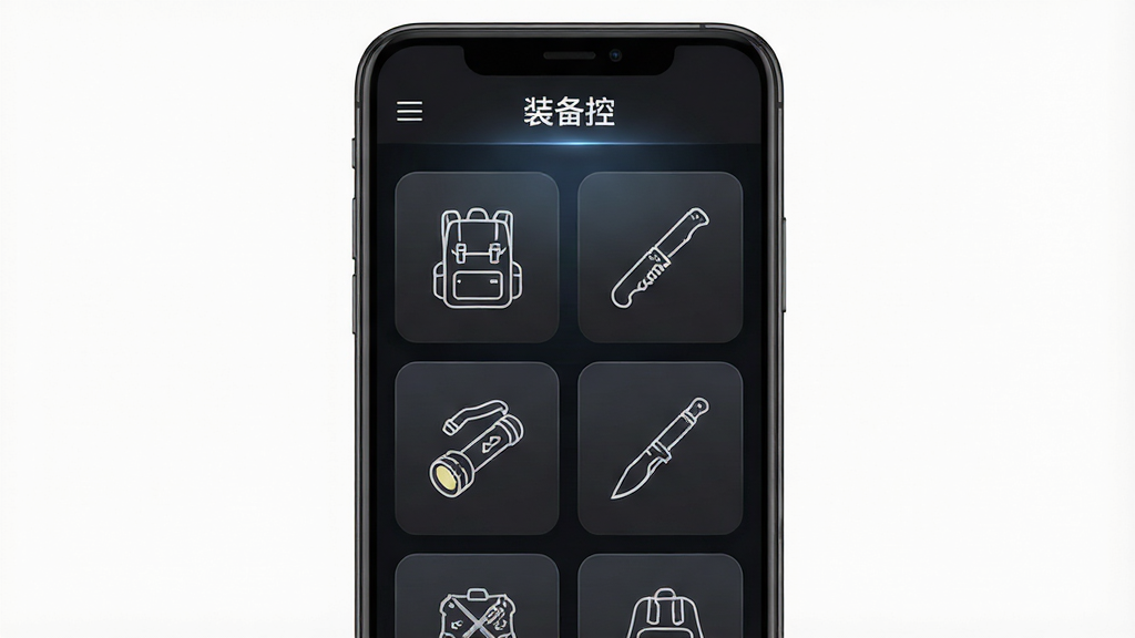 主体为一部竖屏安卓手机,屏幕中展示装备控应用主界面,布局为顶部标题栏加分类卡片网格,每张卡片上有背包、手电、刀具等装备图标,排版整齐居中,风格为简洁硬朗的深色科技风,细节包括卡片圆角、图标线条清晰、背景有轻微渐变光效,画质高清干净,画面中显示文字“装备控”,无多余元素