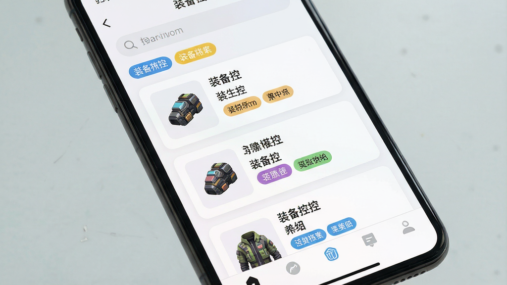 主体为手机屏幕特写,展示装备控的装备档案列表页,布局为纵向卡片列表,每张卡片左侧为装备缩略图、右侧为名称与标签,排版疏密有致,风格为清爽浅色界面,细节包括分类标签颜色区分、顶部搜索框、底部导航栏,画质清晰干净,画面中显示文字“装备控”,无多余装饰元素