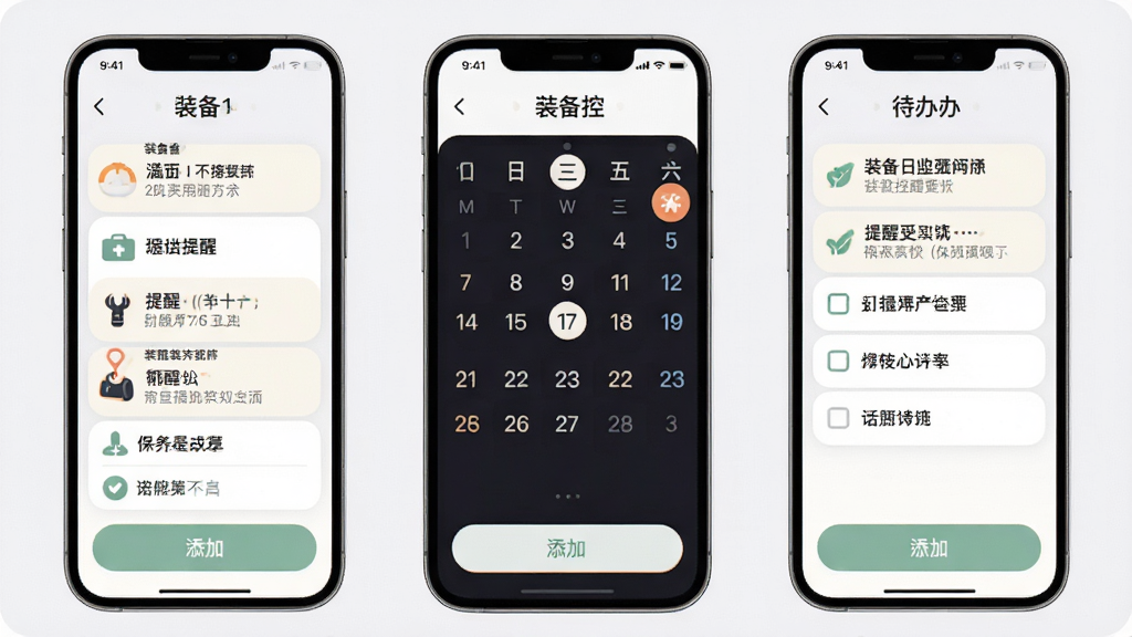 主体为手机界面展示装备控的保养提醒页面,布局为日历视图加待办列表,排版上下结构,风格为柔和圆角卡片风,细节包括提醒条目带小图标、日期高亮标记、底部有添加按钮,画质高清干净,画面中显示文字“装备控”,无杂乱背景
