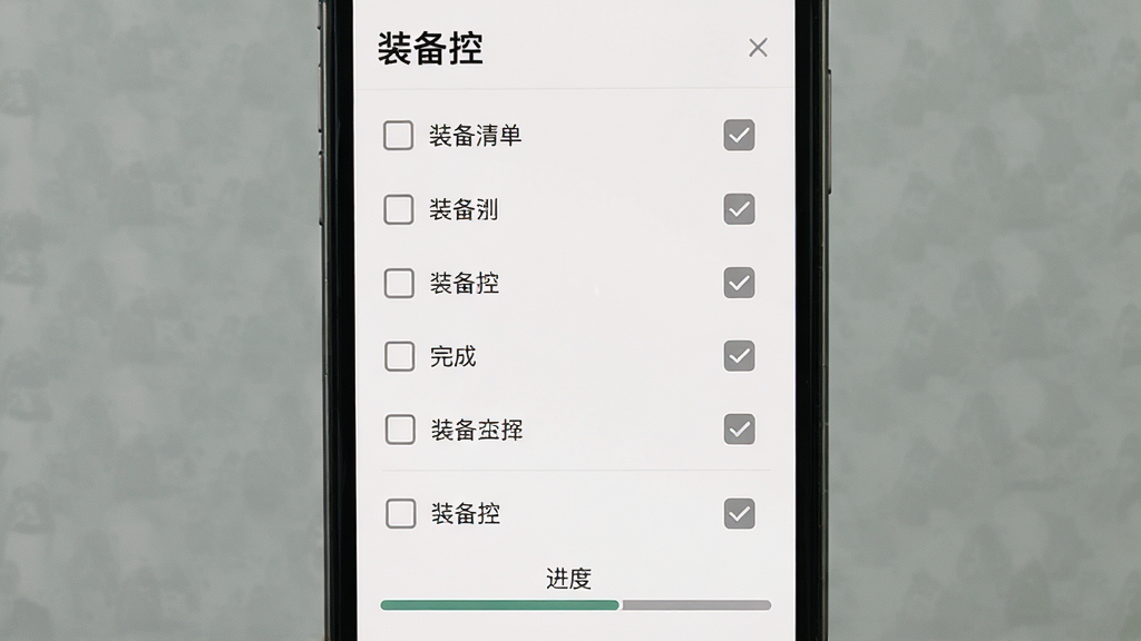 主体为手机屏幕展示装备控的装备清单勾选界面,布局为分组清单加复选框,排版左对齐纵向排列,风格为素雅极简风,细节包括已完成项打勾变灰、分组标题加粗、底部有进度条,画质清晰干净,画面中显示文字“装备控”,无多余元素