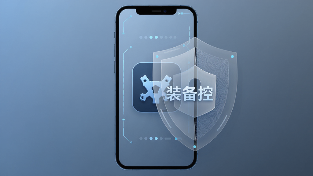主体为手机与盾牌组合的抽象画面,象征数据安全,布局为手机居中、盾牌半透明叠加在屏幕前方,排版简洁对称,风格为科技蓝灰配色,细节包括手机屏幕显示装备控图标、盾牌有细线纹理、背景为纯色渐变,画质高清干净,画面中显示文字“装备控”,无多余元素