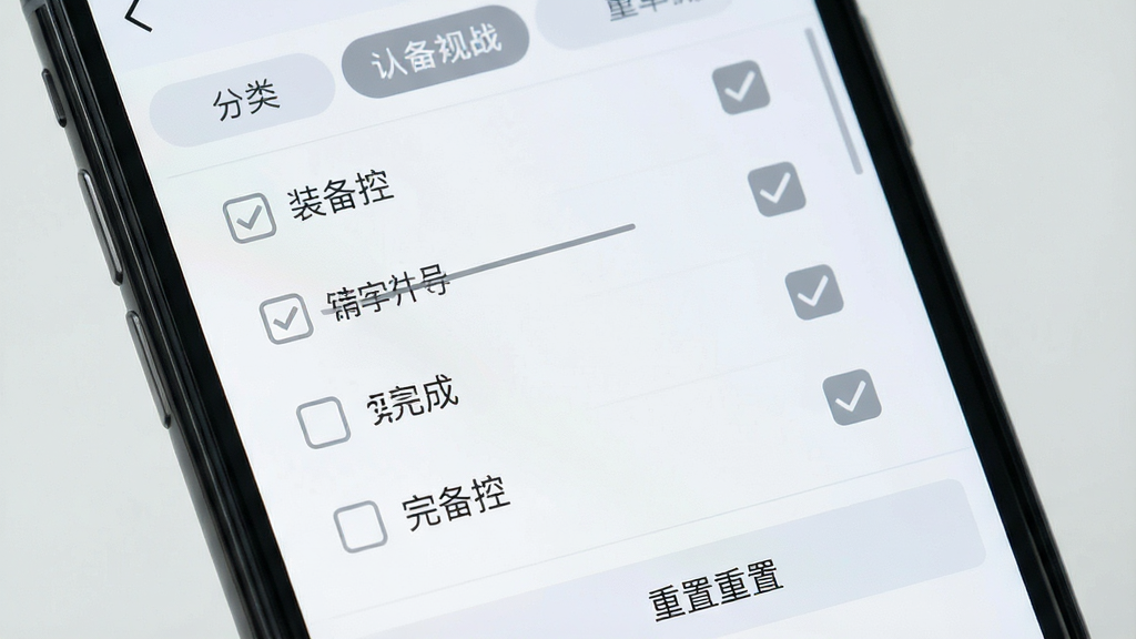 主体为手机屏幕展示装备控的清单勾选界面特写,布局为纵向清单列表加复选框,排版左侧文字右侧勾选框,风格为清爽浅色扁平风,细节包括已完成项灰色划线、顶部有分类切换标签、底部有重置按钮,画质高清干净,画面中显示文字“装备控”,无多余元素