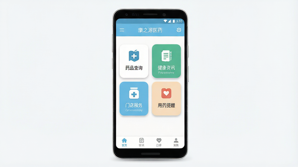 一张手机应用界面展示图,画面中央是一部竖屏安卓手机,屏幕内显示康之源医药应用首页,顶部为浅蓝色导航栏,中间排列药品查询、健康资讯、门店服务、用药提醒四个圆角功能卡片,底部为简洁的标签导航栏,整体布局干净规整,风格为现代扁平化医疗健康类UI设计,细节包括柔和的阴影与清晰的图标,画质清晰锐利,画面干净无多余元素