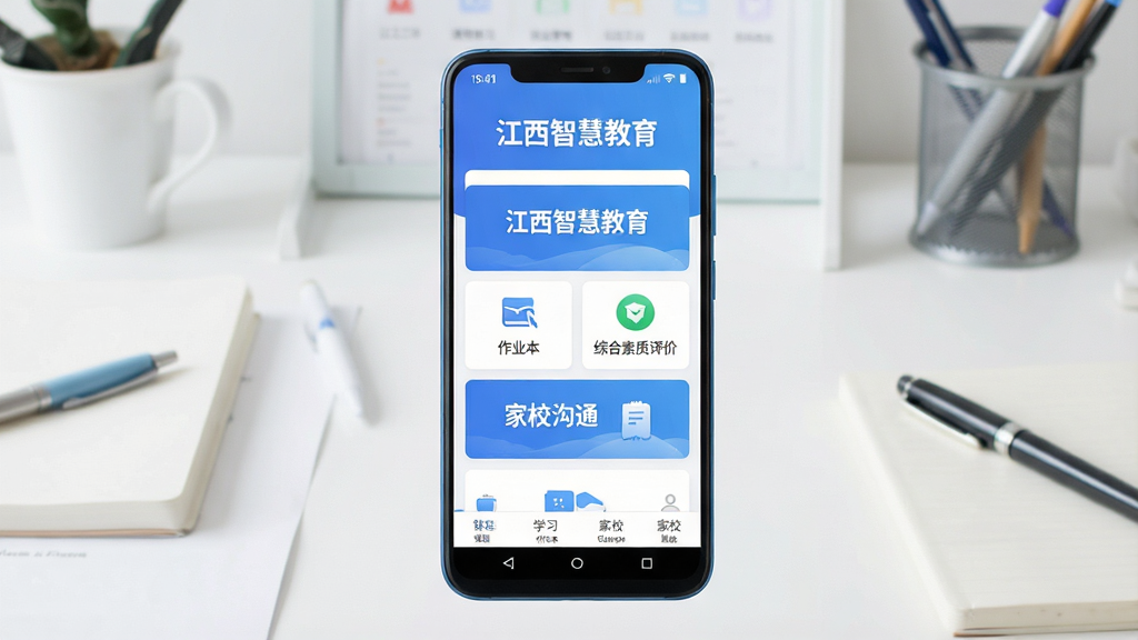一张展示“江西智慧教育”手机应用主界面的场景图,画面中央是一部竖屏安卓手机,屏幕内呈现蓝白色调的教育应用首页,上方有“江西智慧教育”文字标识,中部排列课程学习、作业本、综合素质评价、家校沟通等功能入口卡片,背景为整洁的书桌与文具,整体布局居中对称,风格清新现代,细节清晰,画质干净明亮,无多余元素