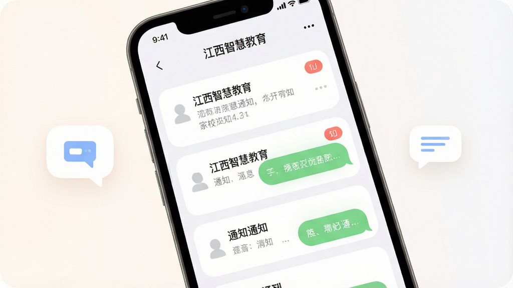 一张展示“江西智慧教育”家校沟通界面的图片,画面为手机屏幕特写,屏幕内呈现通知列表与消息气泡,旁边配有简洁的对话框图标,布局采用中心聚焦式,风格柔和圆角,细节表现通知卡片与未读标记,画质干净清爽,无杂乱背景元素