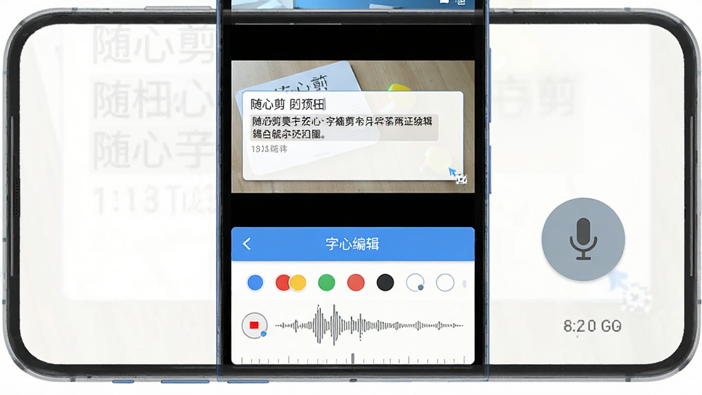 安卓手机界面展示“随心剪”字幕编辑与配音功能,主体为手机屏幕中的文字输入框与麦克风录音按钮,布局为预览画面在上、字幕编辑栏在下,风格为明亮简洁的扁平设计,细节包含字幕文字块、颜色选择圆点、录音波形、时间刻度,画质清晰、界面干净、无多余元素