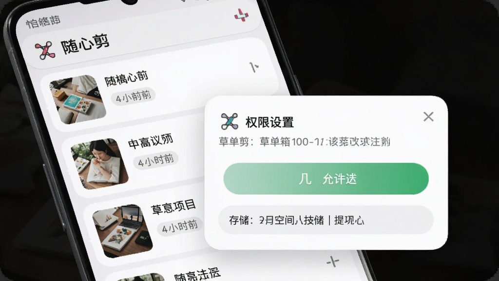 安卓手机展示“随心剪”草稿箱与权限设置提示界面,主体为手机屏幕中的草稿项目列表与权限弹窗,布局为列表在上、弹窗居中悬浮,风格为柔和圆角浅色UI,细节包含草稿缩略图、时间标签、权限允许按钮、存储空间提示条,画质高清、画面干净、无多余元素
