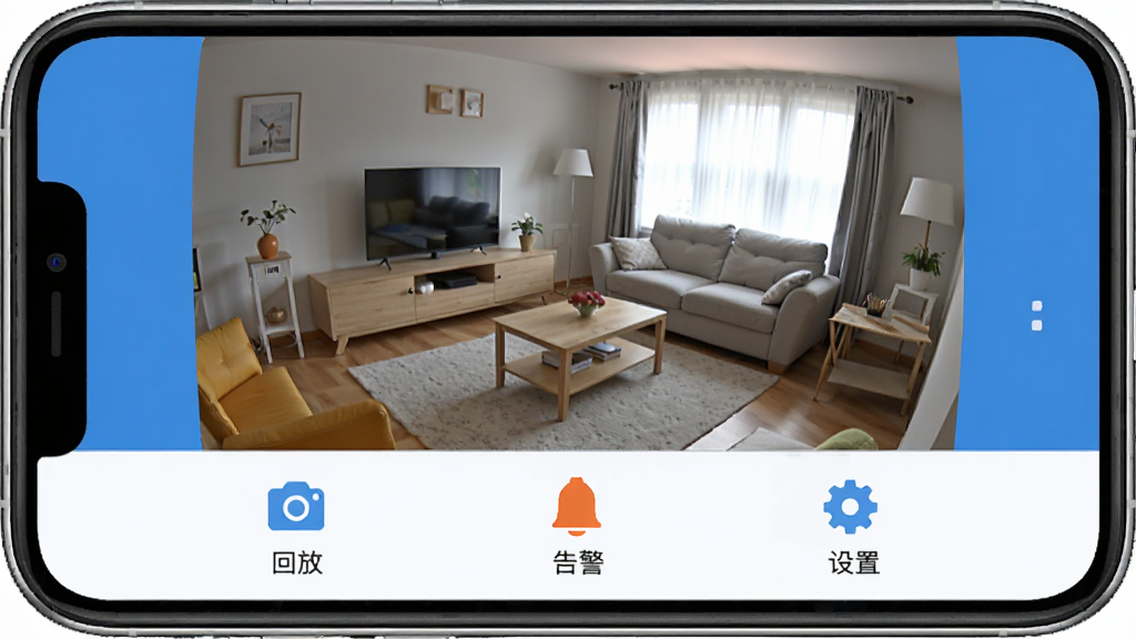 全橙看家软件主界面展示,手机屏幕中央显示客厅摄像头实时画面,画面下方排列回放、告警、设置等功能图标,整体布局简洁清晰,蓝白配色风格,扁平化UI设计,细节干净,画质高清,无多余元素