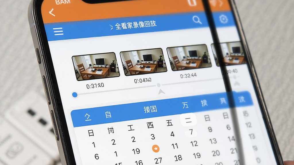 全橙看家录像回放界面展示,手机屏幕显示时间轴与录像片段缩略图,下方有日历选择控件,界面清爽,蓝白配色,扁平化风格,细节清晰,画质高清,无多余装饰