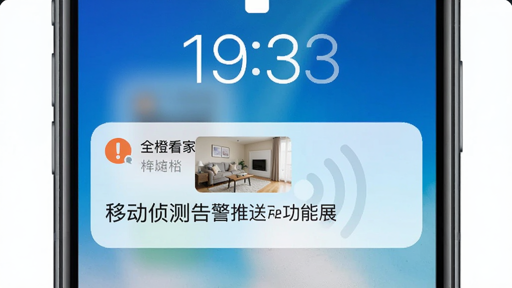 全橙看家移动侦测告警推送功能展示,手机锁屏界面弹出告警通知卡片,卡片内嵌画面缩略图,整体界面简洁,蓝白配色,扁平设计,画质清晰,干净无多余元素