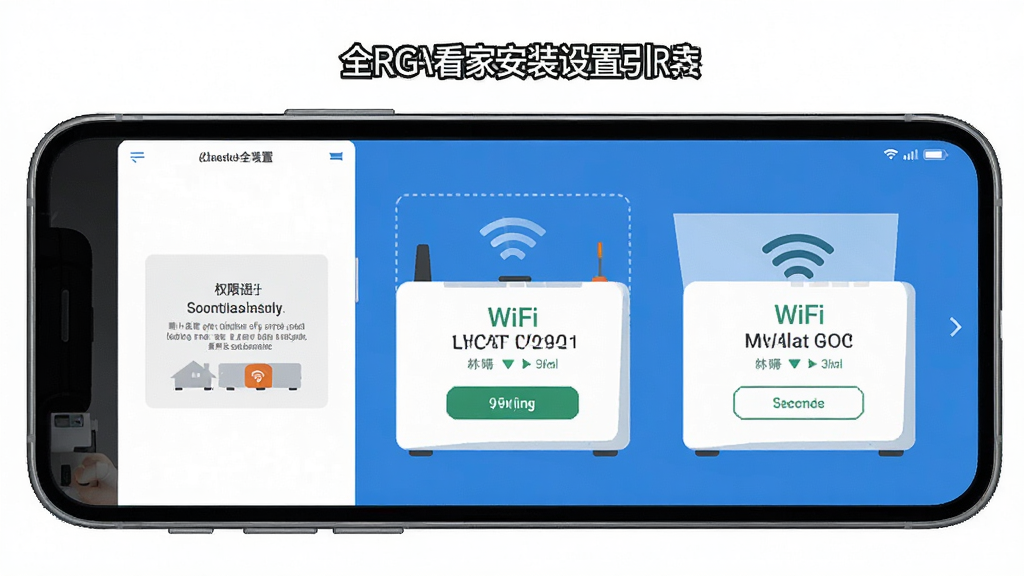 全橙看家安装设置引导界面展示,手机屏幕显示权限开启提示与WiFi连接步骤示意图,界面简洁明了,蓝白配色,扁平化设计风格,画质高清,干净无多余元素