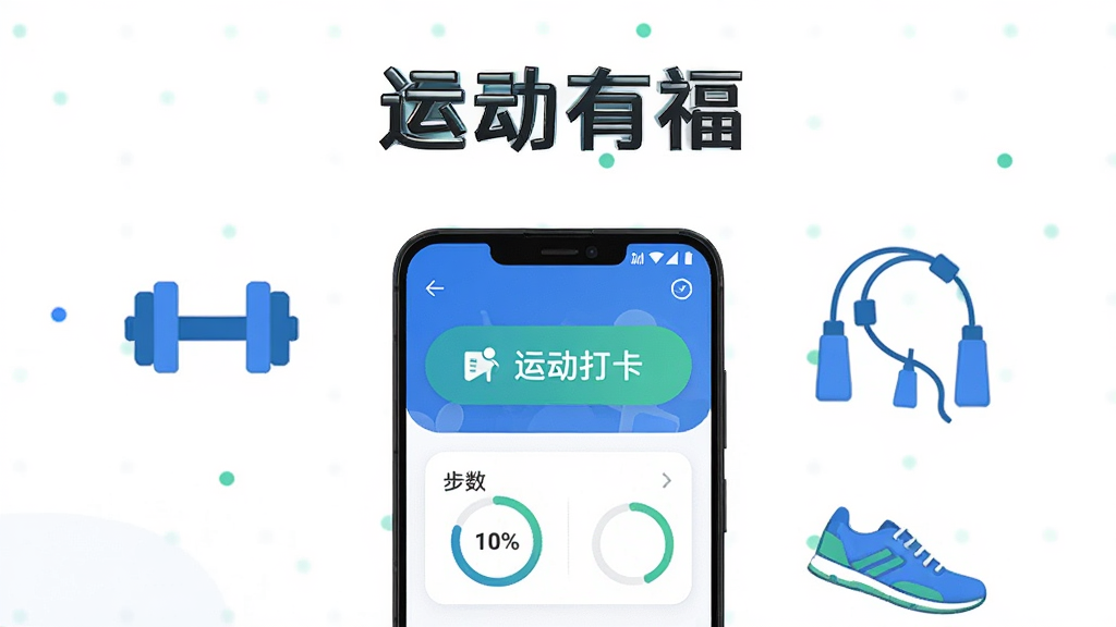 主体为一部安卓手机,屏幕中显示运动有福应用主界面,界面包含运动打卡按钮与步数统计卡片,手机周围环绕哑铃、跳绳、运动鞋等简约图标,布局居中对称,排版上手机位于画面中央偏下,上方留白放置软件名称文字,风格为扁平化现代科技风,色彩以蓝白绿为主,细节包括界面圆角卡片与进度环,画质清晰干净,无多余元素