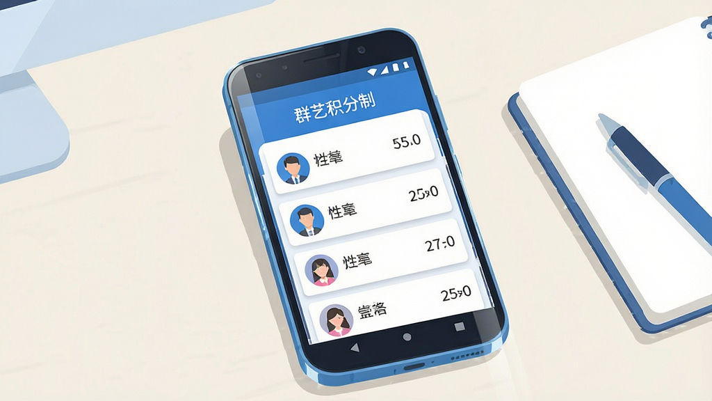 一张展示手机应用界面的场景图,画面中央是一部竖屏安卓手机,屏幕上显示“群艺积分制”的积分排行榜页面,列表中有成员头像、姓名和对应积分数字,背景是简洁的浅色办公桌面,旁边放着一本笔记本和一支笔,整体风格为清爽的扁平化插画,色调以蓝白为主,细节包括手机边框高光和页面卡片阴影,画质清晰干净,无多余元素