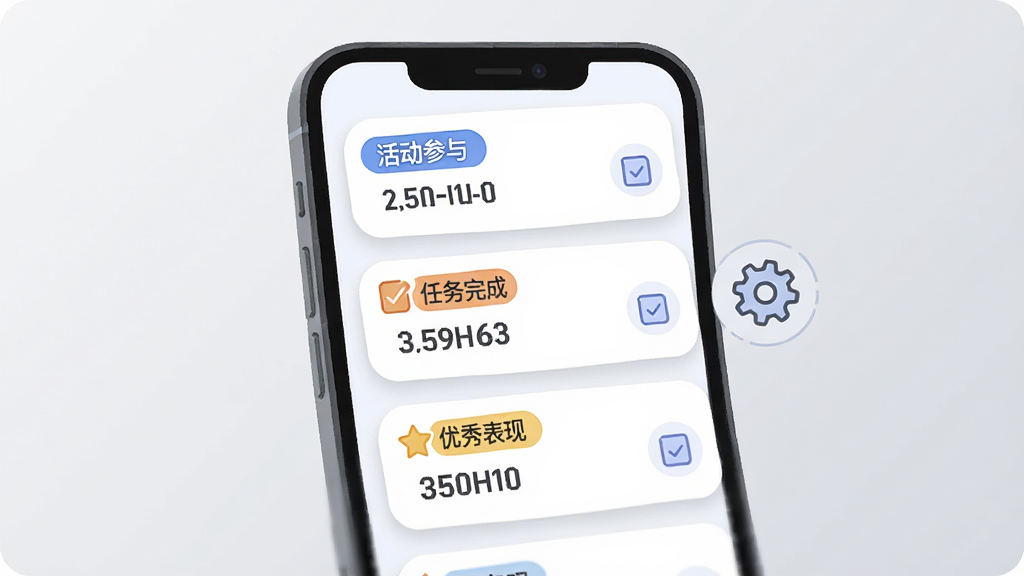 一张表现积分规则配置界面的插图,画面中一部手机屏幕显示多条积分项目卡片,每张卡片上有“活动参与”“任务完成”“优秀表现”等标签和对应的加分数值,旁边有一个齿轮图标表示可编辑,背景为浅灰色渐变,风格为现代扁平化UI插画,细节包括卡片圆角和轻微投影,画质干净清晰,无多余元素