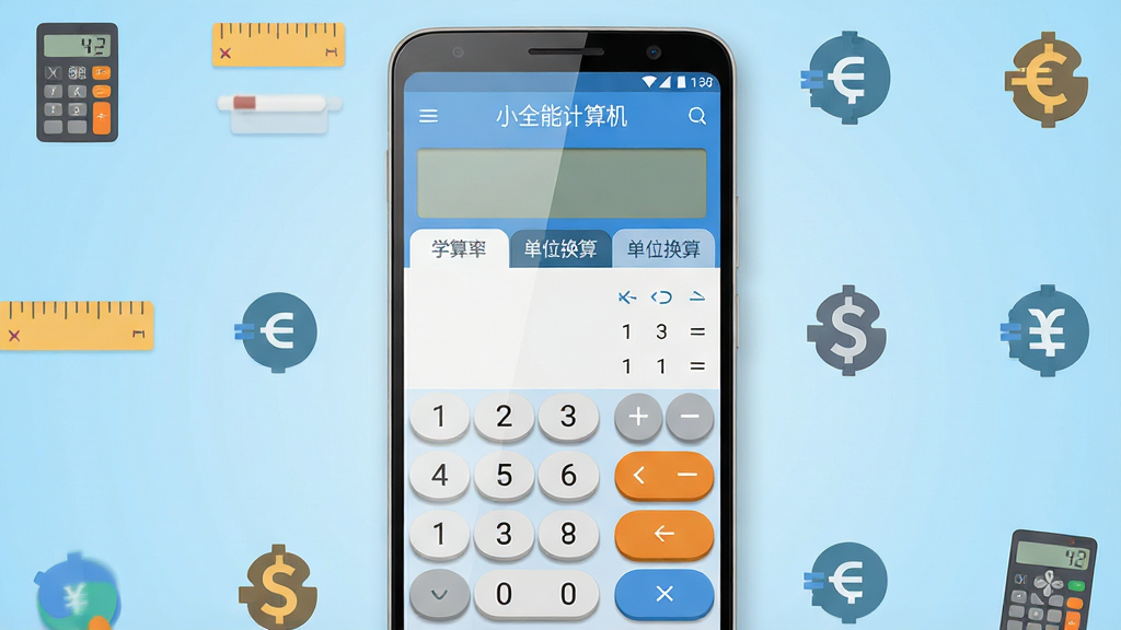 主体是一台竖屏安卓手机,屏幕中央显示“小全能计算机”应用界面,包含数字键盘、科学计算区域与单位换算标签页;布局为手机居中,背景是浅蓝色渐变桌面,周围点缀计算器、尺子、汇率符号等扁平化小图标;排版简洁,应用界面占据视觉中心;风格为清爽扁平化UI展示风;细节上按键带有轻微立体阴影,屏幕反光自然,图标线条干净;画质高清,干净,无多余元素