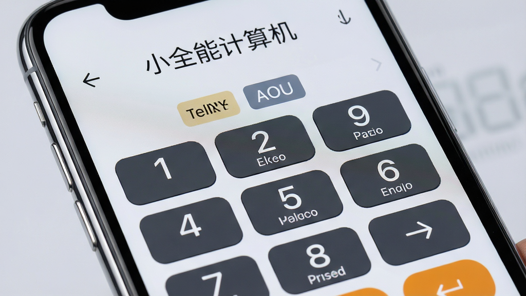 主体是一部手机屏幕特写,显示“小全能计算机”主界面,数字按键整齐排列,顶部无任何广告横幅;布局为屏幕居中放大展示,背景为柔和浅灰;排版突出按键区域与功能标签;风格为产品细节展示风;细节上按键字体清晰、间距均匀,屏幕边缘有轻微高光;画质高清,干净,无多余元素