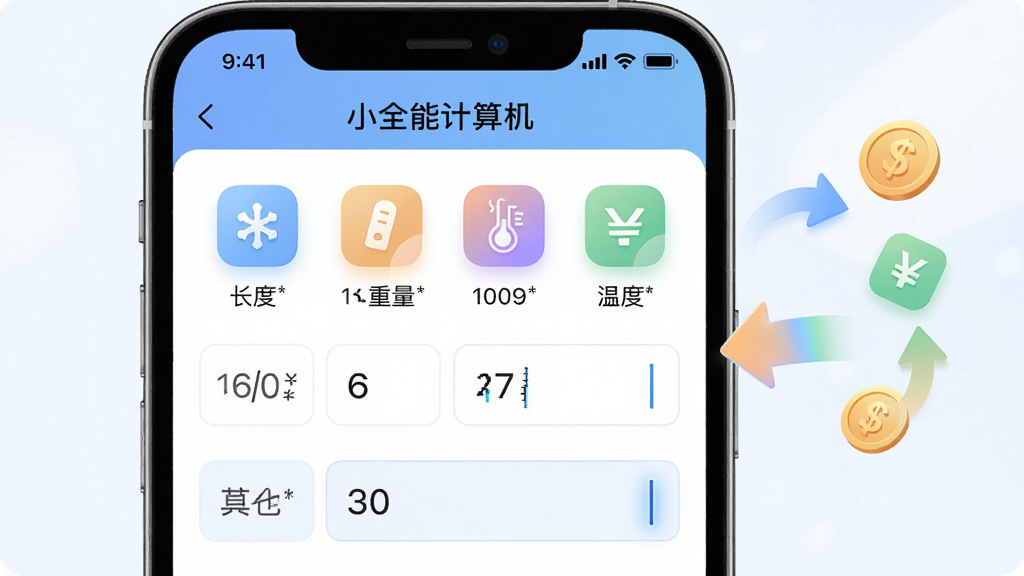 主体是手机屏幕展示“小全能计算机”单位换算页面,界面中包含长度、重量、温度等分类图标与数值输入框;布局为手机居中,右侧漂浮换算箭头与货币符号;排版突出分类图标与结果展示区;风格为清新工具类展示风;细节上图标配色柔和,输入框有光标闪烁效果;画质高清,干净,无多余元素