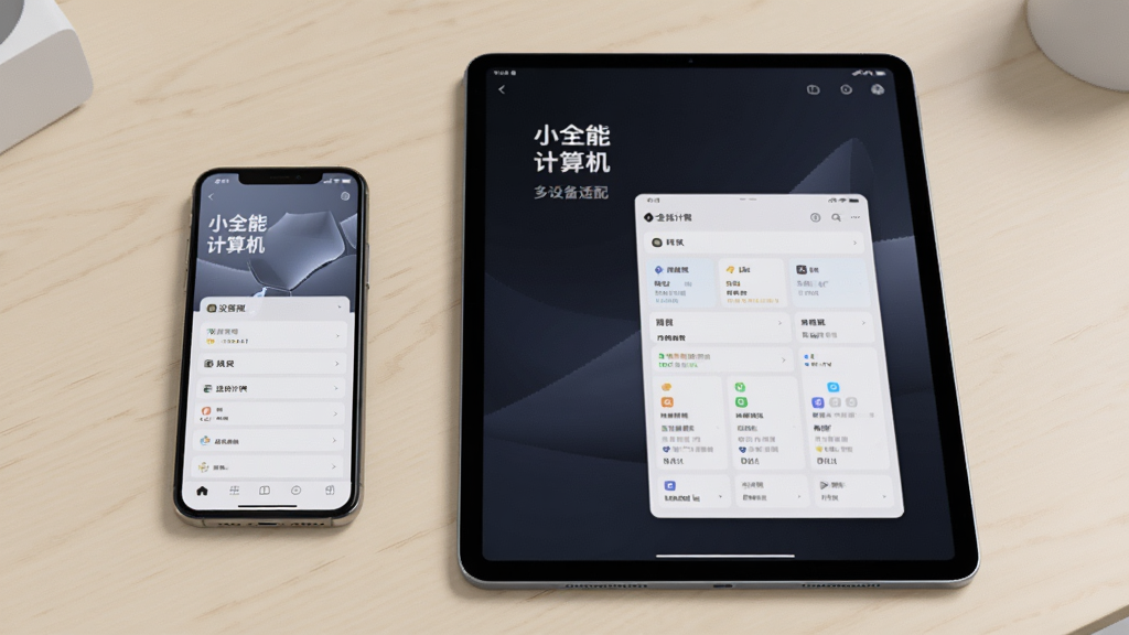 主体是一部手机与一台平板并排展示“小全能计算机”界面,体现多设备适配;布局为左右并列,背景为浅色桌面;排版展示不同屏幕尺寸下的界面布局;风格为科技产品展示风;细节上设备边框简洁,屏幕内容清晰可辨;画质高清,干净,无多余元素