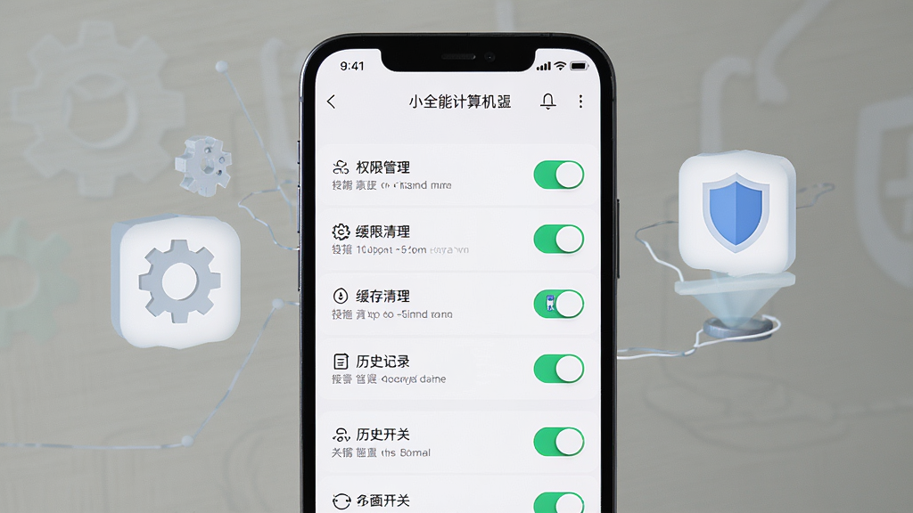 主体是一部手机展示“小全能计算机”设置页面,包含权限管理、缓存清理、历史记录开关等选项;布局为手机居中,旁边漂浮齿轮与盾牌图标;排版突出设置条目列表;风格为实用教程展示风;细节上开关按钮有高亮状态,图标线条简洁;画质高清,干净,无多余元素