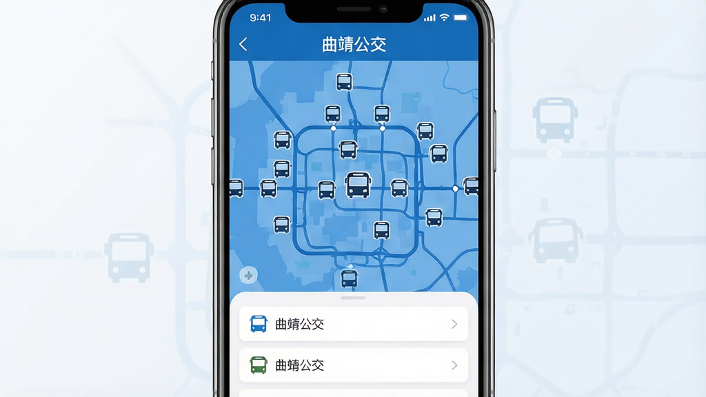 一张手机屏幕展示曲靖公交应用主界面,画面中央是蓝色调的城市公交地图,标注多个公交站台与行驶中的公交车图标,顶部显示“曲靖公交”字样,底部为线路列表卡片,整体采用扁平化UI设计风格,光线明亮柔和,细节清晰,画质干净高清,无多余装饰元素