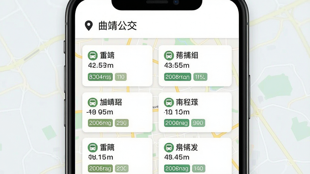 一张手机界面展示曲靖公交附近站点列表,画面中列出多个站台卡片,每个卡片显示站名、距离米数以及经过的公交线路编号,背景为浅色地图底纹,顶部有定位图标与“曲靖公交”字样,整体风格简约清新,排版整齐,画质细腻干净