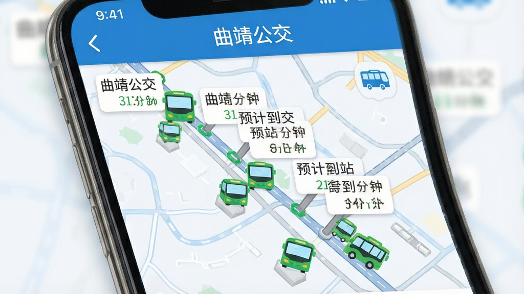 一张手机应用界面截图风格图片,画面展示曲靖公交的实时地图页面,地图上有若干绿色公交车图标沿道路移动,旁边标注站台名称与预计到站分钟数,界面顶部有“曲靖公交”标题栏,整体配色以蓝白为主,风格清爽现代,布局规整,细节丰富,画质清晰干净