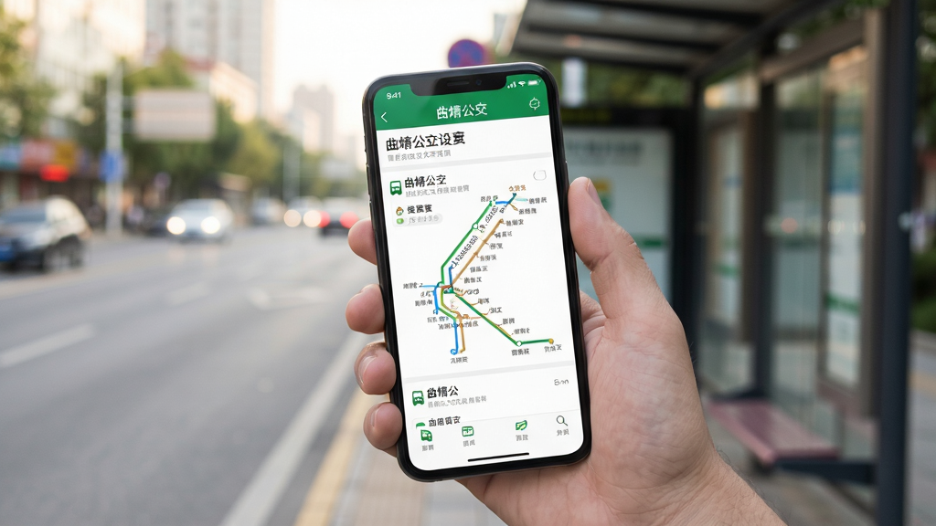 一张手机应用使用场景图,画面中一只手握着手机,屏幕显示曲靖公交的线路详情页面,背景为模糊的城市街道与公交站台,光线自然,构图简洁,突出手机屏幕内容,整体风格写实清晰,画质干净