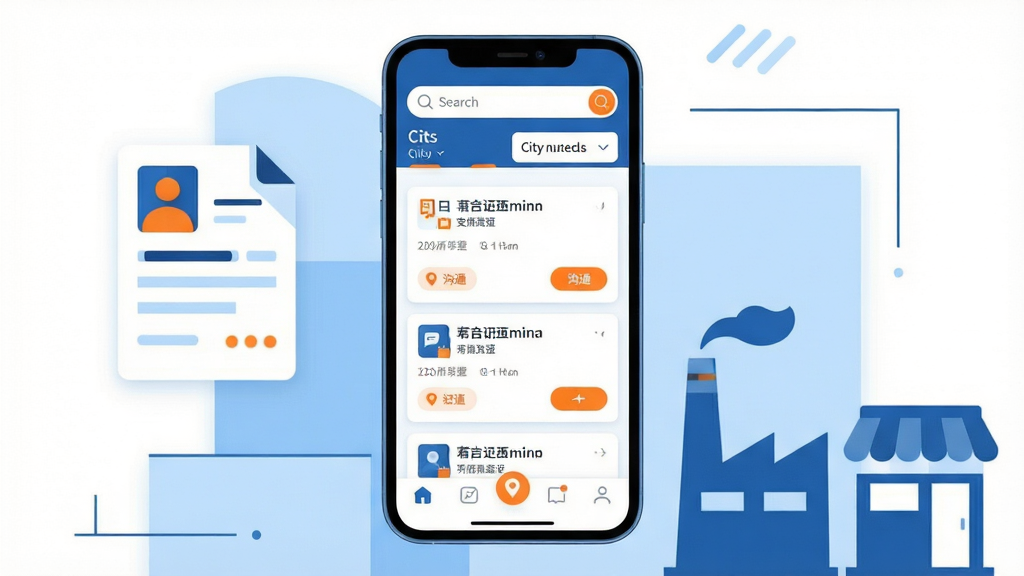 画面主体是一部竖屏智能手机,屏幕中央显示招聘类应用首页界面,顶部有搜索框和城市选择,中部是职位卡片列表,底部为导航栏;手机后方用浅蓝色几何色块与简洁线条做背景布局,左侧放置一个抽象的简历图标,右侧放置一个工厂与门店剪影;整体采用扁平化插画风格,配色以蓝白为主、橙色点缀;细节上突出职位卡片、沟通按钮与定位标识,画面干净整洁,无多余装饰元素;画质清晰,2K分辨率,构图居中,适合下载站配图使用