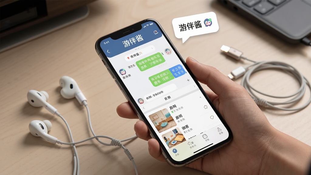 游伴酱使用场景示意图,画面主体为手持手机展示聊天与房间列表界面,布局为斜角透视,风格写实数码风,细节包含耳机、充电线与提示气泡,画质清晰干净,屏幕中带文字“游伴酱”