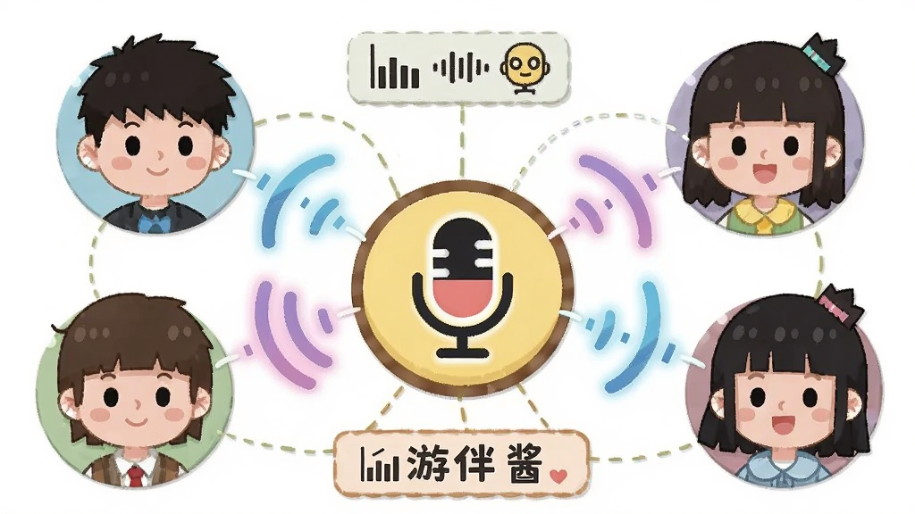 游伴酱语音房间场景插画,画面主体为几位卡通玩家头像通过声波线条连接,布局呈环形围绕中心麦克风图标,风格扁平化插画,细节包含音量条与房间号牌,画质干净明亮,画面中带文字“游伴酱”
