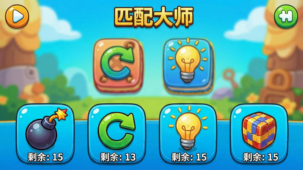 卡通风格的手机游戏画面,主体为“匹配大师”游戏内的道具选择界面,布局上道具图标横向排列于屏幕下方,排版清晰直观,风格为鲜艳明快的休闲游戏UI,细节包括炸弹、刷新箭头、灯泡提示等图标与剩余数量数字,画质高清、干净、无多余元素