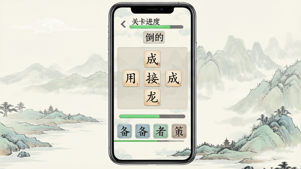 一张手机屏幕展示成语大接龙游戏主界面,画面中央是成语接龙答题区域,上方显示关卡进度与倒计时,下方为备选汉字按钮,背景为淡雅中国风山水图案,整体布局清晰,风格清新简洁,细节包括汉字方块与进度条,画质高清干净无多余元素