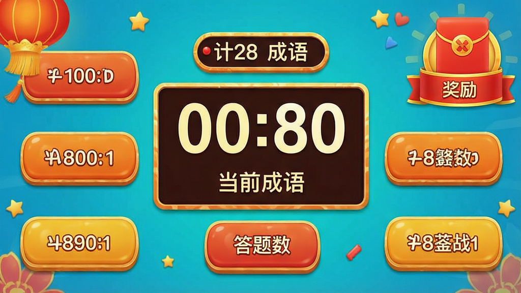 一张成语大接龙限时挑战界面示意图,画面中央显示倒计时数字与当前成语,周围环绕答题按钮,右上角有红包图标与奖励提示,整体风格喜庆活泼,布局紧凑,细节包括计时器与奖励标识,画质高清干净无多余元素