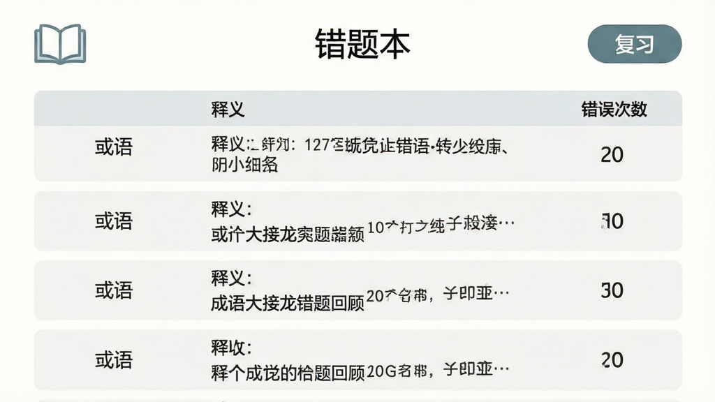 一张成语大接龙错题回顾页面示意图,画面以列表形式展示若干成语条目,每条包含成语、释义与错误次数,顶部有“错题本”标题,风格素雅简洁,布局清晰,细节包括书本图标与复习按钮,画质干净无多余元素