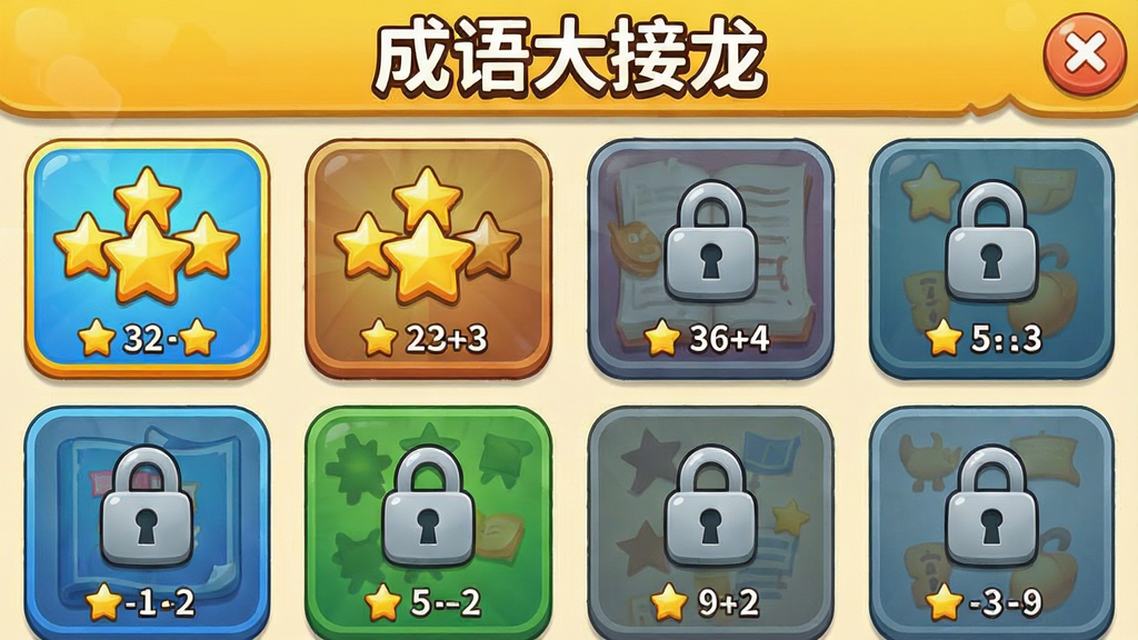 一张成语大接龙关卡选择界面截图风格图,画面以网格形式排列多个关卡图标,部分已解锁显示星级,部分锁定显示锁形标志,顶部有章节标题“成语大接龙”,布局整齐,风格活泼明快,细节包括星星评分与关卡编号,画质清晰干净无多余元素