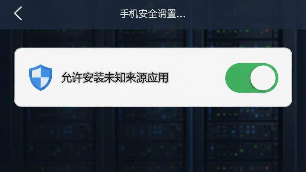 一张手机安全设置界面示意图,画面展示“允许安装未知来源应用”开关按钮处于开启状态,旁边配有盾牌安全图标与提示文字,风格简洁商务,布局清晰,细节包括开关控件与安全标识,画质高清干净无多余元素