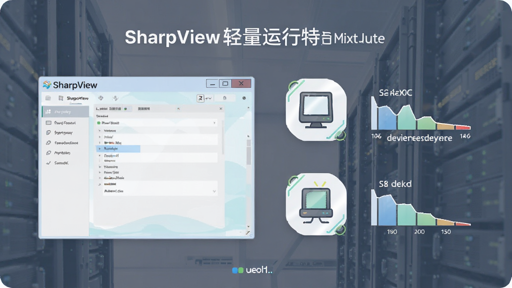 一张表现SharpView轻量运行特点的示意图,画面中软件界面以简洁窗口形式呈现,旁边配有设备资源占用示意图标,整体风格轻盈,色调清淡,布局疏朗,细节干净,画质高清,无多余元素
