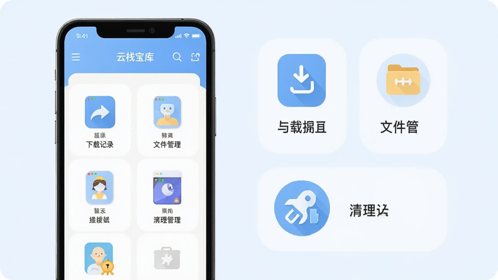 画面为手机应用功能展示场景,一部手机屏幕显示“云栈宝库”的工具集合页面,旁边用简洁图标表现下载记录、文件管理、清理提示等功能模块,整体采用浅蓝色调扁平风格,布局规整,细节清晰,画质干净,无多余装饰