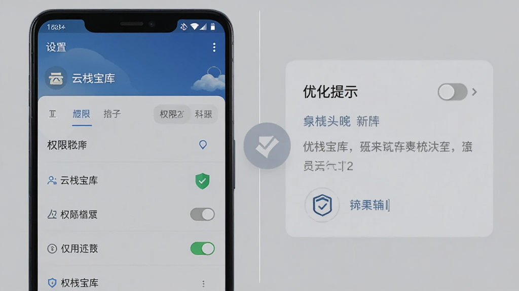 一部安卓手机屏幕显示“云栈宝库”应用设置页面,旁边有盾牌图标与权限开关示意,画面分为左右两部分,左侧为权限列表,右侧为优化提示卡片,整体风格简洁商务,浅灰背景,画质清晰,无多余元素