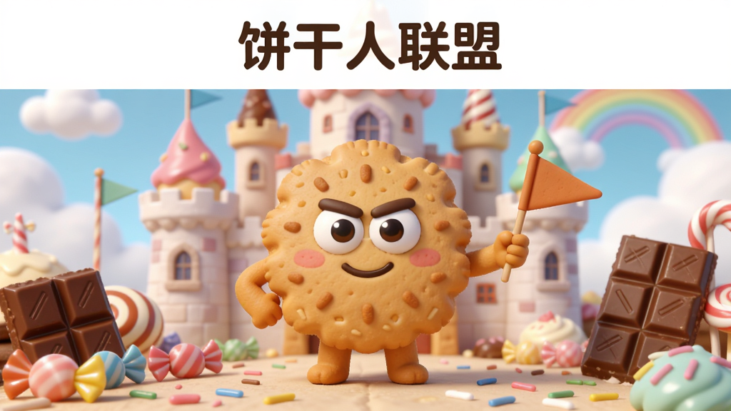 主体为一只圆润可爱的饼干人角色站在甜品城堡前,周围散落着糖果、巧克力砖块与彩色糖霜装饰,角色手持小旗子,表情自信;布局采用中心构图,角色居中,城堡与甜点元素环绕两侧;排版上方留白用于标题区域,下方为地面与装饰细节;风格为3D卡通渲染,色彩明亮柔和,质感细腻;细节包括饼干表面的烘烤纹理、糖霜反光、背景云朵与彩虹;画质高清,画面干净,无多余元素,图片中文字为