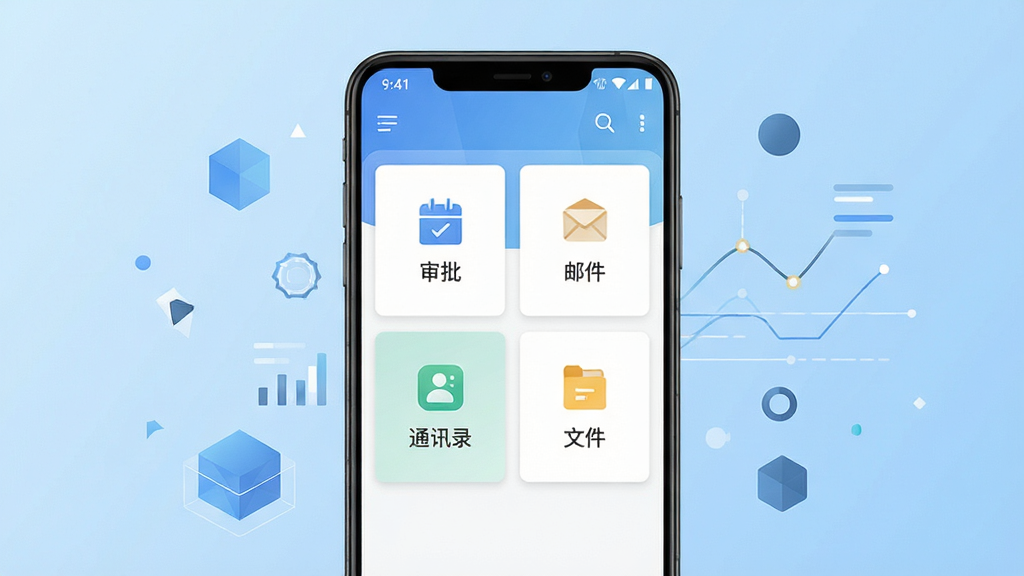 手机EAP应用主界面展示,画面中央是一部竖屏安卓手机,屏幕内呈现办公工作台布局,包含审批、邮件、通讯录、文件四个功能卡片,背景为浅蓝色渐变,手机周围点缀简洁的几何图形与数据线条,整体风格清爽商务,细节清晰,画质干净,无多余元素