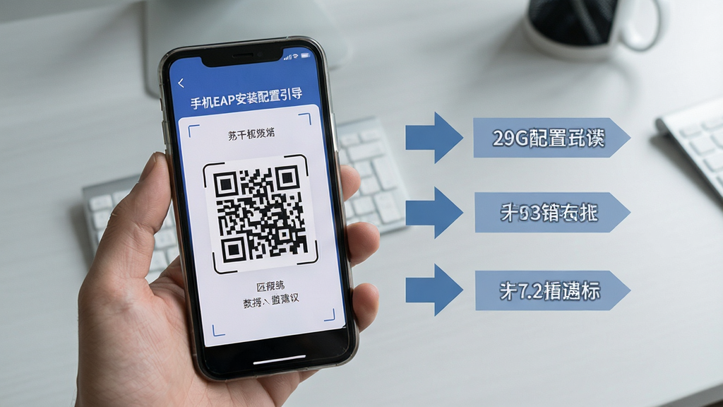 手机EAP安装配置引导页面,画面为一部手机显示配置二维码扫描界面,旁边有步骤指示箭头,背景为浅灰色办公桌面,风格简洁实用,画质清晰,无多余元素