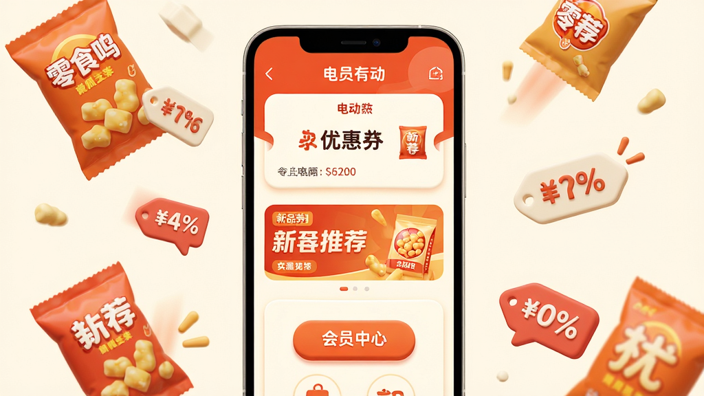 ��������Ϊ��ʳ����Ӧ�õĻҳ���ͼ���չʾ���ֻ���Ļ�г����Ż�ȯ��Ƭ����Ʒ�Ƽ�������Ա������ڣ�����Ϊ�ֻ����У�����Ư������ʳ��װ���ۿ۱�ǩ���Ű���õ������ң����Ϊ���̴����Ӿ��磬�Ⱥ����̰���ɫ��ϸ�ڰ���Բ�ǿ�Ƭ�����尴ť�����������Ű棻���ʸ��壬����ɾ����޶���Ԫ�ء�