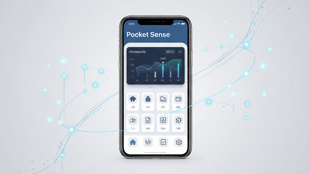 һ��չʾ�����ֻ����з��õĿƼ��г���ͼ���ֻ���Ļ��ʾ Pocket Sense Ӧ�������棬���������֪�����Ǳ�������ͼ�겼�֣�����Ϊǳ�ҽ���ɫ�������ܻ��Ƶ���ɫ���ݹ����ϸ��װ�Σ������Ű����ҶԳƣ����Ϊ�ִ���ƽ��UIչʾ�磬ϸ�����ֻ��߿�����΢�߹ⷴ�䣬��Ļ������������ʾ