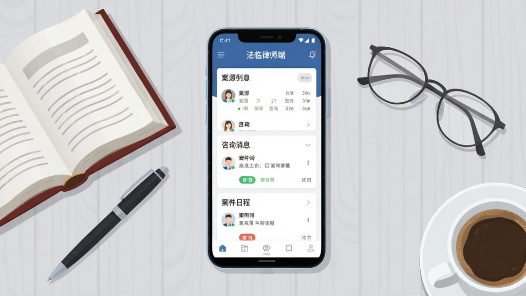 画面主体为一部竖屏安卓手机,手机屏幕内展示“法临律师端”应用主界面,界面包含案源列表、咨询消息、案件日程三个卡片区域,手机左侧放着一本翻开的法典与一支签字笔,右侧放着一副细框眼镜和一杯咖啡,背景为浅灰色办公桌面,整体采用简洁商务扁平插画风格,构图居中、留白充足,细节上手机边框干净、屏幕内容清晰可辨、桌面木纹细腻,画质清晰锐利,画面干净无多余装饰元素