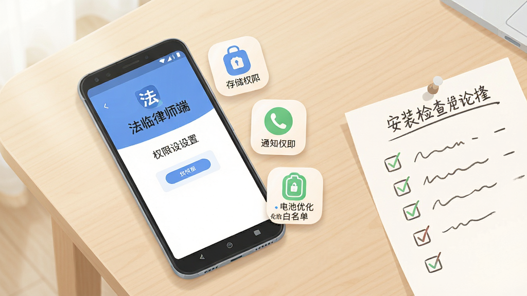画面主体为一部安卓手机平放在桌面上,手机屏幕显示“法临律师端”权限设置引导页,屏幕旁悬浮三个图标分别代表存储权限、通知权限与电池优化白名单,桌面右侧放着一张手写的安装检查清单纸片,背景为浅木色桌面与柔和自然光,整体采用清新浅色调扁平插画风格,构图为俯视视角、元素疏密有致,细节上图标边缘圆润、纸片字迹为示意线条、光影柔和,画质清晰干净,无多余元素