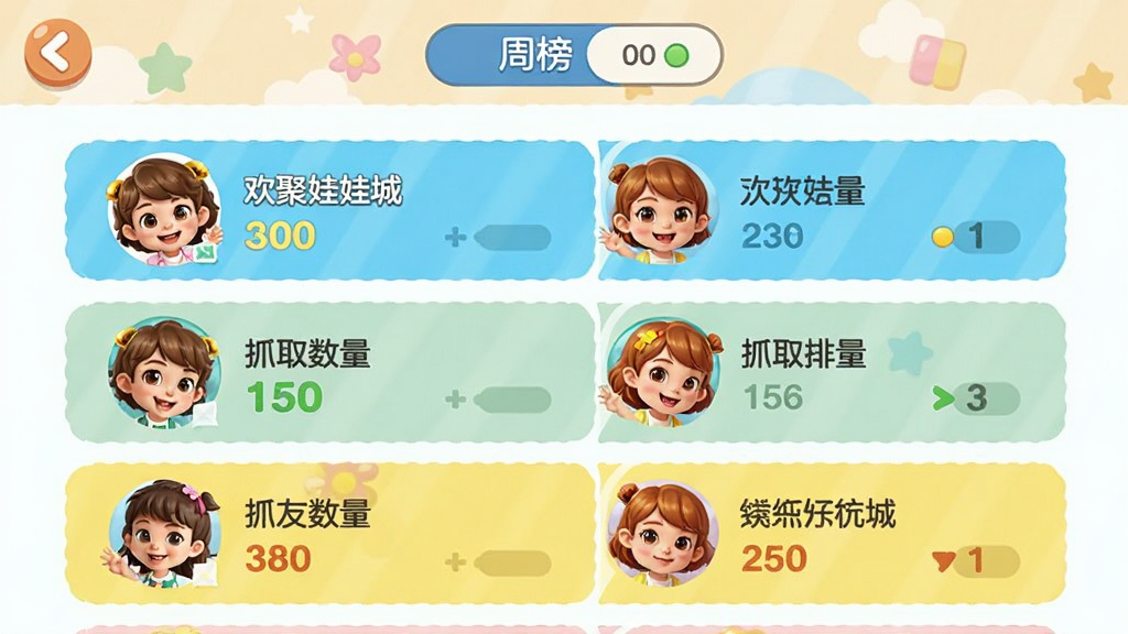 欢聚娃娃城好友排行榜界面,画面显示多位用户的头像、昵称与抓取数量排名,顶部有周榜切换标签,界面风格活泼明快,布局清晰,画质干净