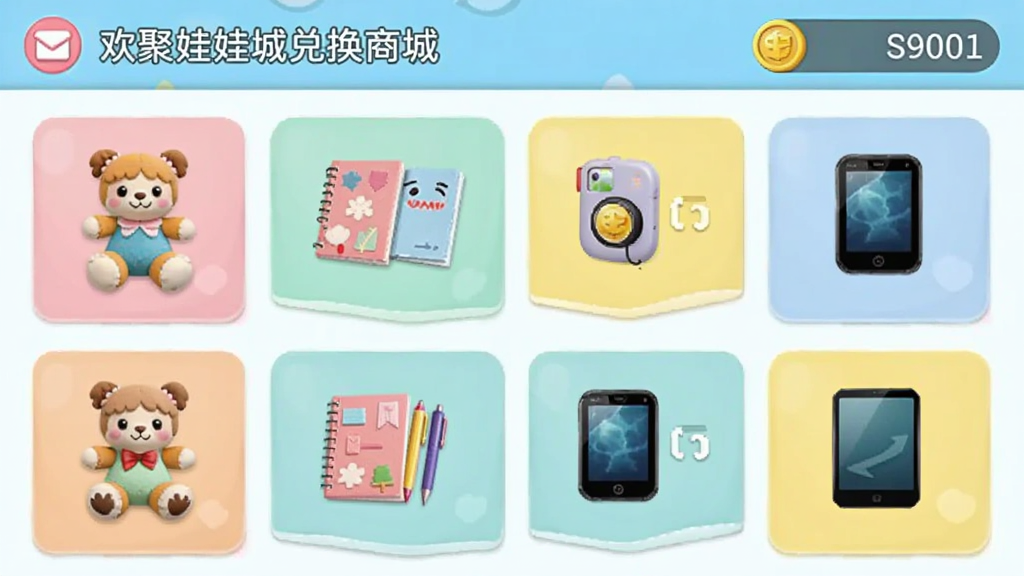 欢聚娃娃城兑换商城界面,画面展示商品列表与金币余额,商品包括毛绒玩具、文具与数码小物,界面采用卡片式布局,配色清新,图标简洁,画质干净无多余装饰