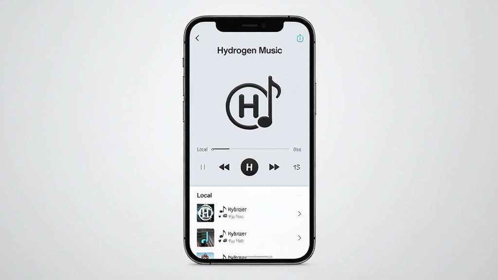 �����������һ�������ֻ����ֻ���Ļ����ʾ�������ֲ��������棬���涥��д�С�Hydrogen Music���������������·��Ǳ��ظ����б������岼��Ϊ���й�ͼ������Ϊǳ�ҽ��䣬���Ϊ�ִ�����Ƽ��磬ϸ����ͻ����Ԫ�ط�����������ϵ�ͼ�꣬���������ɾ����޶���װ��Ԫ��