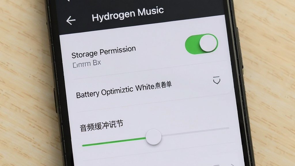 �ֻ���Ļ��ʾ��Hydrogen Music������ҳ�棬ҳ���а����洢Ȩ�޿��ء�����Ż�������ѡ�����Ƶ������ڻ��飬����Ϊ����ƽ�ӽǶȣ�����Ϊǳɫ���棬���Ϊ���ʵ�÷磬ϸ����ͻ�����ص���ɫ״̬�����ֱ�ǩ�����������ɾ�